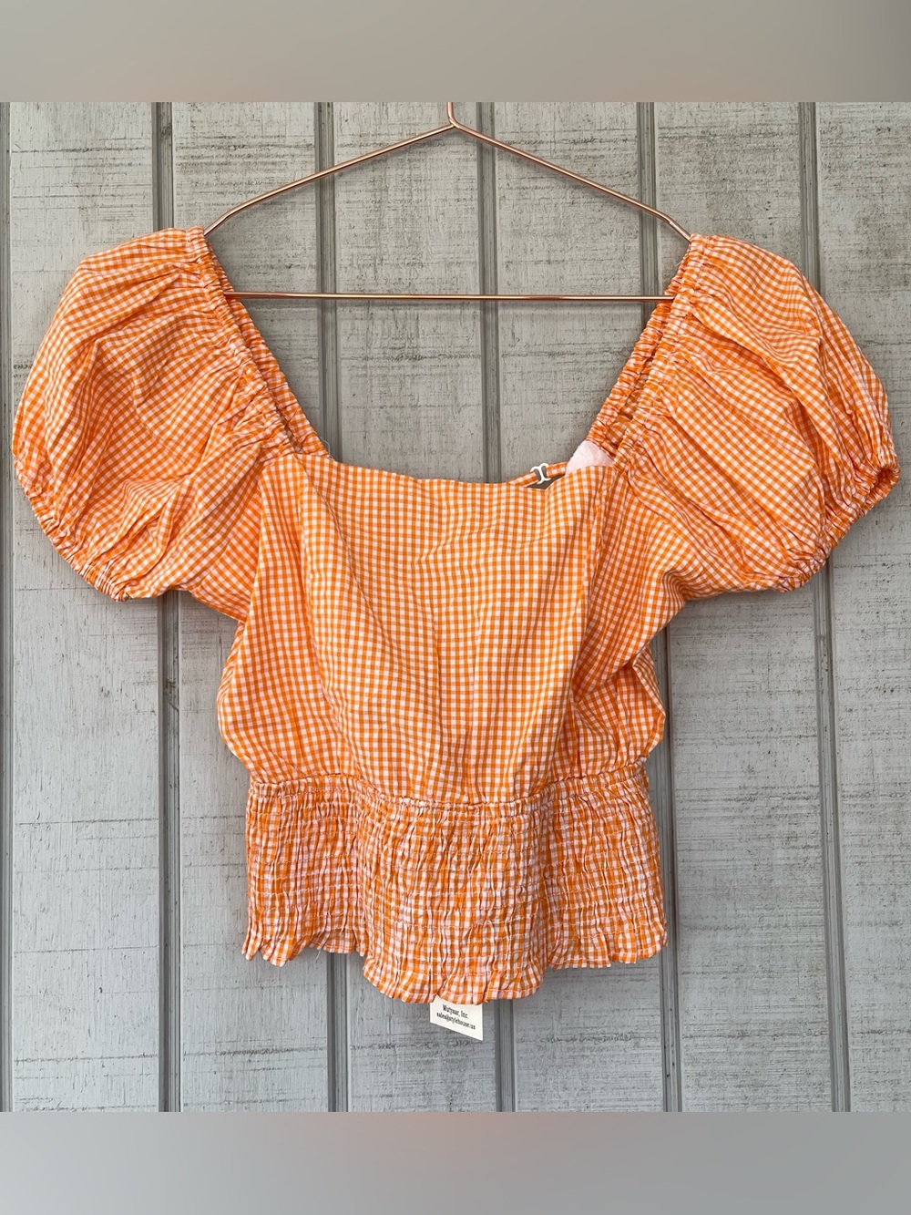 Sim & Sam Orange White Gingham Puff Sleeve Smocked Crop Top Small NWT